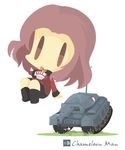  artist_name brown_eyes chameleon_man_(three) chibi commentary_request crusader_(tank) cup flat_color girls_und_panzer ground_vehicle military military_uniform military_vehicle motor_vehicle no_lineart red_hair rosehip short_hair skirt solo st._gloriana's_military_uniform tank teacup uniform 
