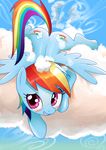  2013 absurd_res blue_feathers blue_fur blush cloud cloudscape crash cutie_mark embarrassed equine feathers female feral friendship_is_magic fur gashiboka hair hi_res looking_at_viewer looking_up lying mammal multicolored_fur multicolored_hair multicolored_tail my_little_pony on_front outside pegasus purple_eyes rainbow_dash_(mlp) rainbow_fur rainbow_hair rainbow_tail raised_tail sky smile solo spread_legs spreading teeth wings 