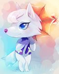  animal_crossing anthro blue_eyes canine castiell clothing dress female fur grass mammal nintendo sky smile solo star umbrella video_games white_fur whitney_(animal_crossing) wolf 