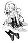  boots bow digital_media_player dress frills greyscale hatsune_miku headphones headset hisekai long_hair looking_at_viewer monochrome ribbon sitting solo traditional_media twintails very_long_hair vocaloid wrist_cuffs 
