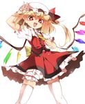  ameyu_(rapon) arm_up blonde_hair bloomers colorized commentary_request crystal fang flandre_scarlet hasebe_yuusaku hat hat_ribbon looking_at_viewer mob_cap open_mouth pointy_ears puffy_sleeves red_eyes ribbon shirt short_hair short_sleeves simple_background skirt skirt_set smile solo thighhighs touhou underwear upskirt v vest white_background white_legwear wings 
