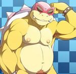  2016 anthro anti_dev biceps eyewear glasses hi_res invalid_color koopalings looking_at_viewer male muscular nipples nude roy_koopa simple_background smile solo standing 