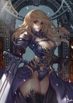  armor armored_dress black_legwear breasts brooch chain cleavage commentary_request dated gloves green_eyes jewelry large_breasts long_hair looking_at_viewer original signature snowing solo sword thighhighs wavy_hair weapon wind wuduo 