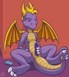  against_wall aliasing animal_genitalia blush cell-shaded dragon erection front_view genital_slit grumpyvulpix horn looking_down male masturbation membranous_wings one_eye_closed penile_masturbation penis scalie semi-anthro signature slit solo spread_legs spreading spyro spyro_the_dragon video_games wings 