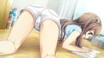  1girl all_fours ass bare_arms blue_eyes blush bottle brown_hair cleaning cura flat_(company) from_behind game_cg highres indoors legs long_hair looking_down monobeno open_mouth sawai_natsuha short_shorts short_sleeves shorts solo thighs twintails window wooden_floor 