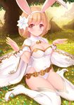  alternate_costume animal_ears bangs belt blonde_hair blush breasts brown_eyes bunny_ears bunny_tail cape cleavage closed_mouth covered_navel cross_print djeeta_(granblue_fantasy) eyebrows eyebrows_visible_through_hair eyelashes fake_animal_ears flower granblue_fantasy grass hairband high_heels leotard looking_at_viewer medium_breasts on_ground outdoors sage_(granblue_fantasy) shoes short_hair short_sleeves sitting smile solo strapless strapless_leotard tail thighhighs tree wariza white_cape white_flower white_footwear white_legwear wrist_cuffs yoshiheihe 