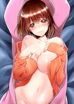  blush breasts brown_eyes brown_hair from_above hands_on_own_chest karuto large_breasts looking_at_viewer naked_shirt navel off_shoulder orange_shirt out-of-frame_censoring shirt short_hair sleeping_bag solo tears zipper 