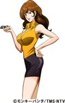  absurdres bangs bare_arms black_eyes black_skirt breasts brown_hair cleavage cowboy_shot fingernails from_side gun hand_on_hip highres holding holding_gun holding_weapon large_breasts lipstick long_hair looking_at_viewer lupin_iii makeup mine_fujiko miniskirt orange_shirt parted_lips pencil_skirt shirt simple_background skirt sleeveless sleeveless_shirt smile solo wavy_hair weapon white_background wing_collar 