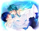  1girl 2012 aqua_hair blue_background blue_hair blush character_name closed_eyes commentary_request dated girl_on_top hatsune_miku kaito long_hair long_sleeves lying on_back open_mouth pants shirt shun'ichi_rena simple_background vocaloid white_shirt 