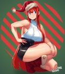  1girl 2018 backless_outfit biceps black_skirt blue_eyes boots breasts christmas commentary english_commentary full_body fur_trim hair_between_eyes hat high-waist_skirt large_breasts lilirulu long_hair long_legs no_bra one_knee original red_footwear red_hair santa_boots santa_hat shiny shiny_clothes shiny_skin skirt sleeveless smile solo tiptoes toned very_long_hair 