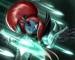  &lt;3 2016 anthro armor black_background black_sclera blue_skin clothed clothing doomthewolf energy english_text female fin fish hair hi_res long_hair marine melee_weapon polearm ponytail red_hair sharp_teeth signature simple_background smile solo spear teeth text undertale undyne undyne_the_undying video_games weapon white_eyes 
