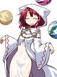  =_= alternate_costume animal_hood blush chain collar cosplay earth hecatia_lapislazuli hemogurobin_a1c hood moon no_hat no_headwear open_mouth red_hair robe see-through simple_background solo tears touhou wet wet_clothes white_mage white_mage_(cosplay) white_robe 