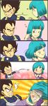  1boy 1girl 5koma aqua_hair armor black_hair blown_kiss blue_hair bulma comic commentary couple dragon_ball dragon_ball_z failure heart hetero mamacharms skin_tight spiked_hair tsundere vegeta widow's_peak 