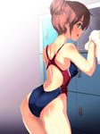  1girl ass azu_(azzz) back blush character_request competition_swimsuit from_behind game_cg jikan_teishi_de_pool_sennyuu locker_room lockers one-piece_swimsuit shiny_skin smile swimsuit towel 