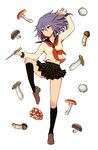  amaguri_senko bangs blue_eyes chopsticks dual_wielding hair_between_eyes henjo_~hen_na_joshi_kousei_amaguri_senko~ holding mushroom purple_hair school_uniform serafuku short_hair skirt solo ubizo 