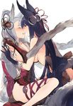  :d animal_ears bangs bare_shoulders bell black_hair blush breasts couple cross-laced_clothes detached_sleeves duoyuanjun erune eyebrows eyebrows_visible_through_hair eyelashes fox_ears fox_tail from_side fur_trim gloves granblue_fantasy hair_bell hair_ornament hair_rings highres holding_hands imminent_kiss interlocked_fingers jingle_bell kiss leg_ribbon long_hair medium_breasts multiple_girls open_mouth pelvic_curtain profile red_eyes ribbon shawl sideboob silver_hair simple_background sitting smile socie_(granblue_fantasy) tail very_long_hair white_background yuel_(granblue_fantasy) yuri 