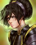  armor artist_name avatar:_the_last_airbender avatar_(series) black_hair frown grey_eyes hair_bun hairband lips portrait raised_eyebrow reza_kabir signature solo toph_bei_fong upper_body watermark web_address 