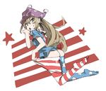  american_flag_dress american_flag_legwear ass black_eyes blonde_hair clownpiece duplicate feet finger_in_mouth frilled_shirt_collar frills grin hat jester_cap long_hair looking_at_viewer looking_back muchi_maro no_panties pantyhose pantyhose_pull polka_dot pulled_by_self shirt short_sleeves simple_background smile solo star striped teeth touhou very_long_hair 