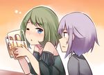  alcohol bangs bare_shoulders beer beer_mug blue_eyes blush cup drinking_glass elbows_on_table green_hair holding holding_cup ido_(teketeke) idolmaster idolmaster_cinderella_girls koshimizu_sachiko mole mole_under_eye multiple_girls one_eye_closed purple_hair spaghetti_strap sweatdrop sweater takagaki_kaede 