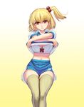  blonde_hair bra breasts brown_eyes gradient gradient_background hair_bobbles hair_ornament large_breasts looking_at_viewer masao midriff mole mole_under_eye navel original red_eyes shirt_lift side_ponytail skirt solo thighhighs thighs underwear white_bra yellow_background yellow_legwear 