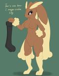  anthro areola breasts brown_fur butt clothing english_text eyelashes female fur hi_res lagomorph legwear looking_at_viewer lopunny mammal muscular navel nintendo nipples nude open_mouth pok&eacute;mon posexe presenting pussy rabbit simple_background solo standing stockings text tongue video_games 