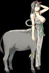  arms_up bare_arms blush breasts centaur cleavage cura embarrassed female flat_(company) flower full_body game_cg green_eyes grey_hair hair_flower hair_ornament highres japanese_clothes large_breasts long_hair looking_at_viewer monobeno monster_girl parted_lips simple_background sleeveless solo standing tail tooko_(monobeno) 