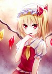  ascot blonde_hair blood blood_in_mouth bloody_hands dress flandre_scarlet hat hat_ribbon looking_at_viewer meng_xiao_jiong mob_cap puffy_short_sleeves puffy_sleeves red_dress red_eyes ribbon shirt short_sleeves side_ponytail solo touhou wings 