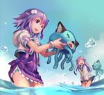  &gt;_&lt; absurdres closed_eyes d-pad d-pad_hair_ornament dogoo hair_ornament highres long_hair multiple_girls nepgear neptune_(choujigen_game_neptune) neptune_(series) ocean open_mouth panties purple_eyes purple_hair segamark short_hair skirt skirt_lift smile striped striped_panties underwear 