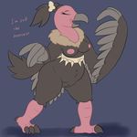  anthro areola avian beak bird bone breasts buzzard claws english_text erect_nipples eyelashes eyes_closed feathers female fluffy fur grey_fur hi_res invalid_tag mandibuzz navel nintendo nipples nude open_mouth pink_skin pok&eacute;mon posexe pussy simple_background smile solo standing text thick_thighs toe_claws video_games voluptuous vulture wide_hips wings 