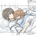  bandages boko_(girls_und_panzer) brown_eyes brown_hair cosmic_(crownclowncosmic) girls_und_panzer hand_on_another's_head highres multiple_girls nishizumi_maho nishizumi_miho pillow siblings sisters sketch sleeping smile stuffed_animal stuffed_toy teddy_bear twitter_username 