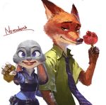  1girl :d arm_holding bunny commentary_request flower fox furry green_eyes holding jeanex judy_hopps necktie nick_wilde open_mouth police police_badge police_uniform purple_eyes rose signature simple_background smile uniform white_background zootopia 