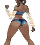  1girl ass avatar:_the_last_airbender back bandage bandages bare_back bare_shoulders brown_hair butt_crack dark_skin from_behind head_out_of_frame highres korra lips long_hair ponytail simple_background solo superboin the_legend_of_korra thighs white_background 