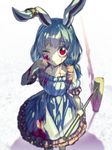  animal_ears blood blood_on_face bloody_clothes bloody_weapon blue_dress blue_hair bunny_ears dress ear_clip hammer long_hair low_twintails one_eye_closed puffy_sleeves red_eyes seiran_(touhou) short_sleeves solo touhou twintails weapon white_background zounose 