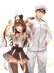  1girl ;d absurdres admiral_(kantai_collection) ahoge armpits baffu bare_shoulders black_footwear black_legwear blush boots brown_hair commentary_request detached_sleeves double_bun hairband hat headgear highres japanese_clothes kantai_collection kongou_(kantai_collection) long_hair military military_hat military_uniform naval_uniform nontraditional_miko one_eye_closed open_mouth peaked_cap purple_eyes ribbon-trimmed_sleeves ribbon_trim skirt smile thigh_boots thighhighs uniform white_day 