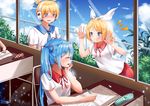  2girls :t against_glass against_window bad_id bad_pixiv_id blonde_hair blue_hair blush chair chin_rest classroom closed_eyes cloud day desk eraser hair_ornament hair_ribbon hairclip hatsune_miku headphones highres indoors kagamine_len kagamine_rin long_hair looking_out_window mamemena multiple_girls open_mouth pencil pencil_case ribbon school_uniform short_hair sitting sky sweatdrop twintails vocaloid window 