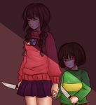  androgynous bangs black_hair blush braid brown_hair chara_(undertale) child closed_eyes crossover hair_over_shoulder height_difference holding holding_hands holding_knife knife kurokku-tokei looking_at_viewer madotsuki one_eye_closed pink_shirt red_eyes shadow shirt skirt spoilers sweater twin_braids undertale yume_nikki 