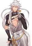  bad_id bad_pixiv_id black_gloves bow gloves hair_bow hand_on_own_chest highres japanese_clothes kogitsunemaru long_hair male_focus parted_lips partly_fingerless_gloves red_eyes solo soonbu touken_ranbu white_hair 