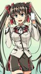  :d ayame_kotoko black_hair black_legwear blue_eyes cellphone chiharu_(9654784) chuuko_demo_koi_ga_shitai! cowboy_shot earbuds earphones earphones_removed hair_ribbon highres long_hair looking_at_viewer open_mouth phone ribbon school_uniform skirt smartphone smile solo thighhighs twintails very_long_hair zettai_ryouiki 