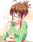  aizawa_chihiro akizuki_ritsuko antenna_hair black-framed_eyewear breasts brown_eyes brown_hair cleavage eating folded_ponytail glasses idolmaster idolmaster_(classic) medium_breasts semi-rimless_eyewear short_hair solo under-rim_eyewear 