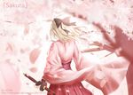  aiovia artist_name blonde_hair cherry_blossoms fate_(series) hakama japanese_clothes katana kimono koha-ace meiji_schoolgirl_uniform okita_souji_(fate) okita_souji_(fate)_(all) solo sword watermark weapon web_address wide_sleeves 