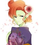  alternate_hairstyle blue_eyes cherry_blossoms curly_hair dragon_ball dragon_ball_z earrings floral_print flower green_skin hair_flower hair_ornament hair_up highres japanese_clothes jewelry kimono looking_at_viewer looking_back orange_hair petals pointy_ears shitora_(bernkastel) solo zangya 