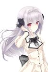  black_ribbon coffee1223 hair_ribbon highres long_hair red_eyes ribbon sakurakouji_luna silver_hair simple_background solo tsuki_ni_yorisou_otome_no_sahou white_background 