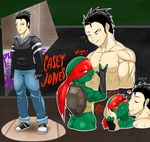  &lt;3 black_hair casey_jones clothed clothing crossgender dialogue green_skin hair human kissing looking_at_viewer mammal monkeyxflash raphael_(tmnt) reptile scalie tagme teenage_mutant_ninja_turtles topless turtle yellow_eyes 