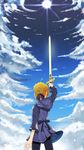  ahoge arm_up artoria_pendragon_(all) blonde_hair blue_sky caliburn cloud fate/stay_night fate_(series) hair_ribbon holding holding_sword holding_weapon pantyhose qi_mystic ribbon saber sky solo sun sword weapon 