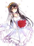  black_hair bouquet breasts cherry_blossoms cleavage dress elbow_gloves flower frilled_dress frills gloves hair_ornament haruna_(kantai_collection) highres holding holding_bouquet jewelry kantai_collection long_hair looking_at_viewer medium_breasts ring solo strapless strapless_dress tongtongtong wedding_dress white_dress white_gloves white_legwear yellow_eyes 