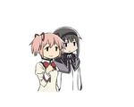  akemi_homura black_hair bow bowtie expressionless hair_ribbon jitome kaname_madoka long_hair long_sleeves mahou_shoujo_madoka_magica multiple_girls oda_takayuki pink_hair red_bow red_neckwear ribbon short_hair simple_background smile sweater upper_body white_background 