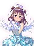  angel_wings brown_hair choker double_bun dress fake_halo feathers gloves hairband halo hands_together heart idolmaster idolmaster_cinderella_girls lace lace-trimmed_dress mockmock munakata_atsumi purple_eyes simple_background smile solo white_background wings 