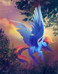  2016 big_wings butt cloud cutie_mark detailed equine feathered_wings feathers female feral flying friendship_is_magic hair leaf long_tail mammal multicolored_hair multicolored_tail my_little_pony outside pegasus rainbow_dash_(mlp) rainbow_hair rainbow_tail sky smile solo spread_wings tree viwrastupr wings 