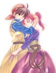  1girl bandana belt breasts cleavage closed_eyes corset couple dragon_quest dragon_quest_viii dress earrings hero_(dq8) hetero hug jessica_albert jewelry large_breasts mizunori one_eye_closed red_hair smile twintails whip 