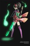  ao_(korindou) armor ass bangs black_background black_hair character_name copyright_name glowing hair_ornament hitodama japanese_clothes katana kimono looking_back momohime oboro_muramasa orange_eyes shoulder_armor simple_background solo sword thighhighs weapon 